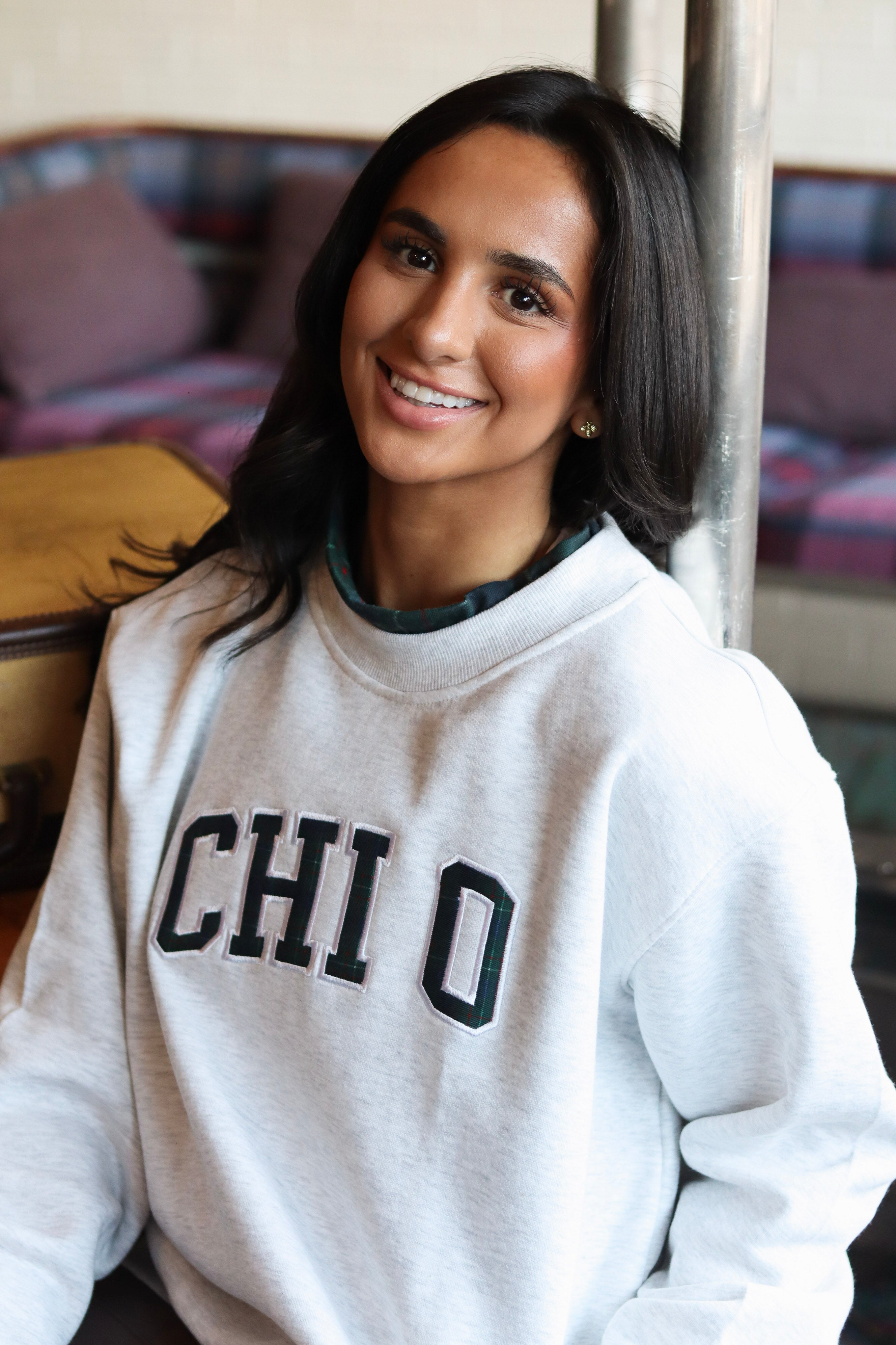 Sorority Plaid Accent Mock Neck