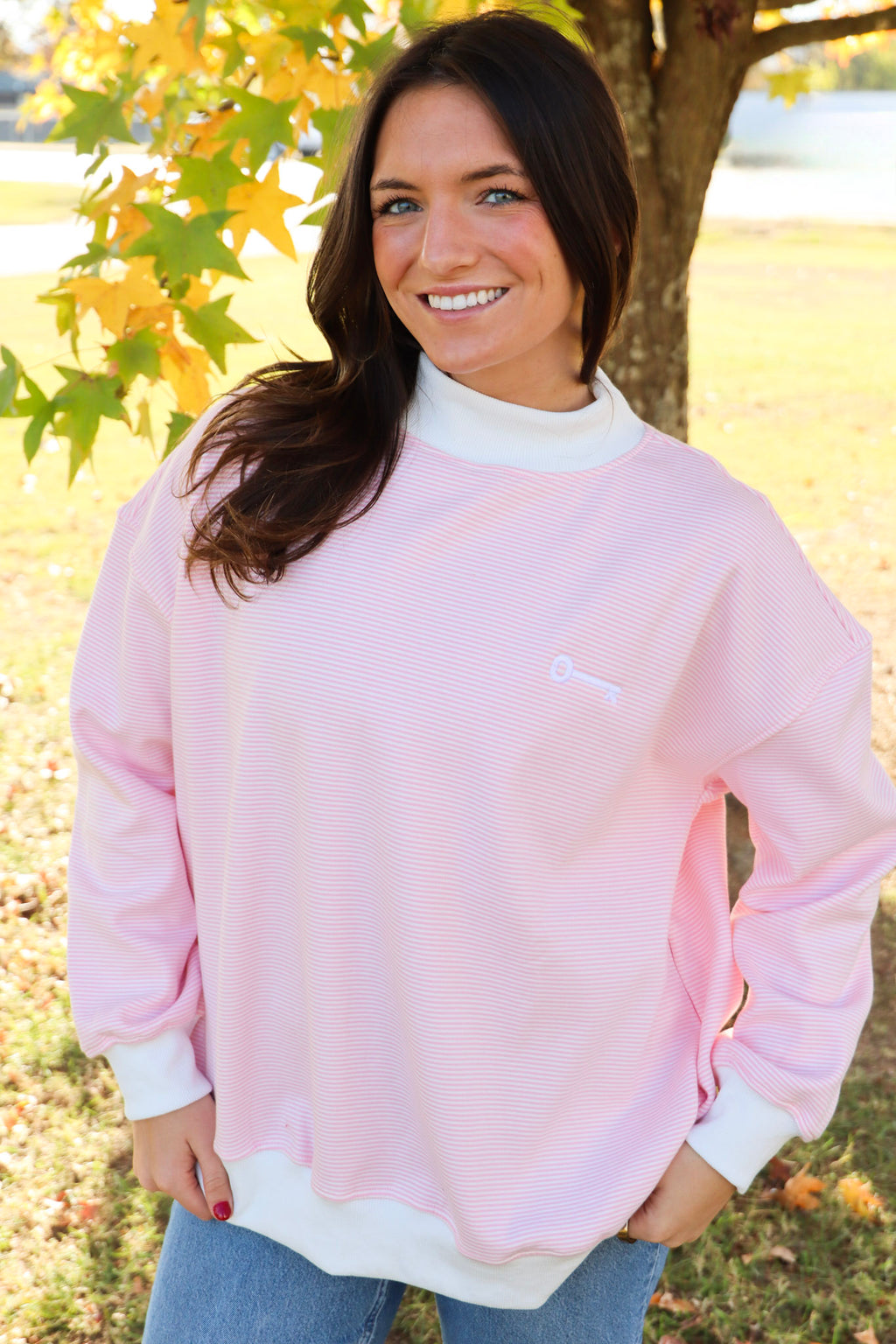 Sorority Symbol Embroidered Striped Mock Neck