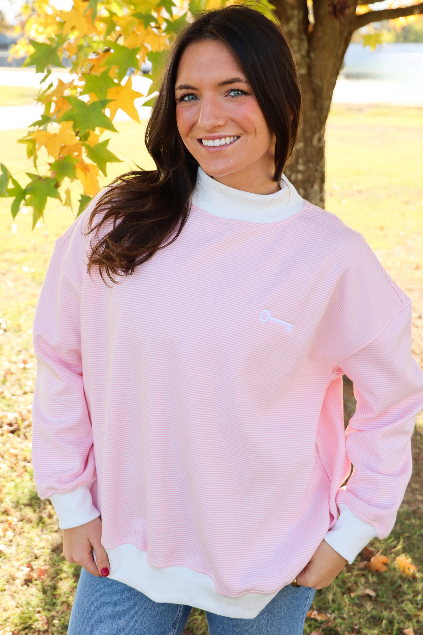 Sorority Symbol Embroidered Striped Mock Neck