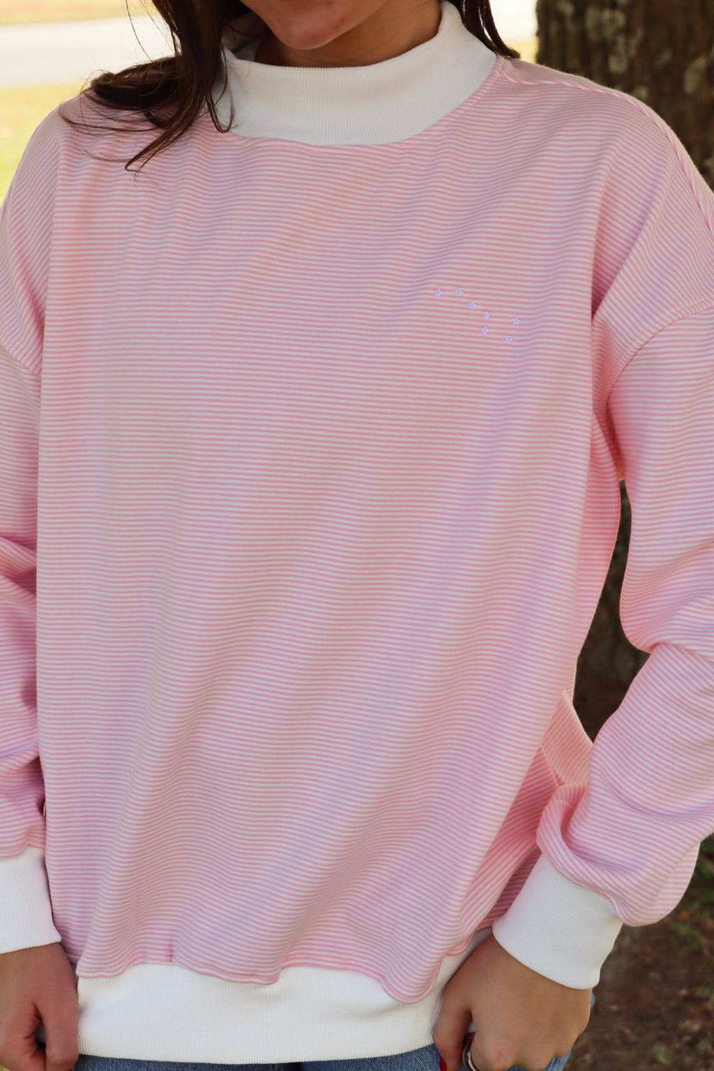 Sorority Symbol Embroidered Striped Mock Neck