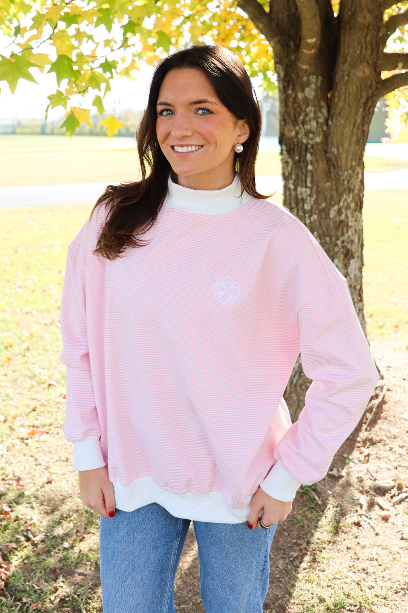 Sorority Symbol Embroidered Striped Mock Neck
