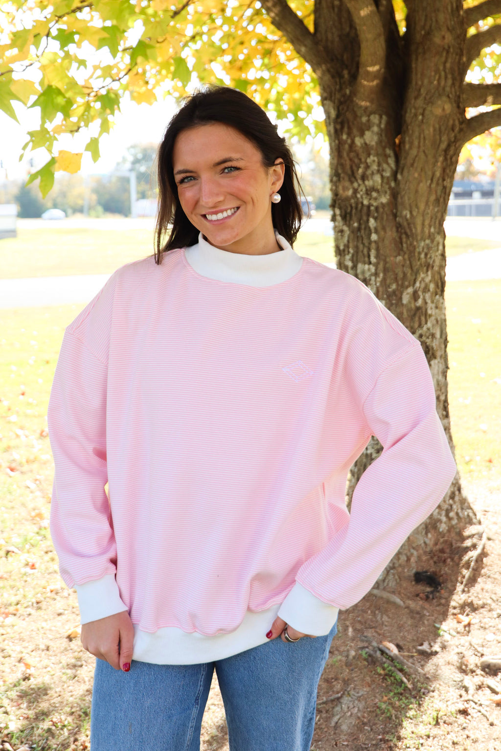 Sorority Symbol Embroidered Striped Mock Neck