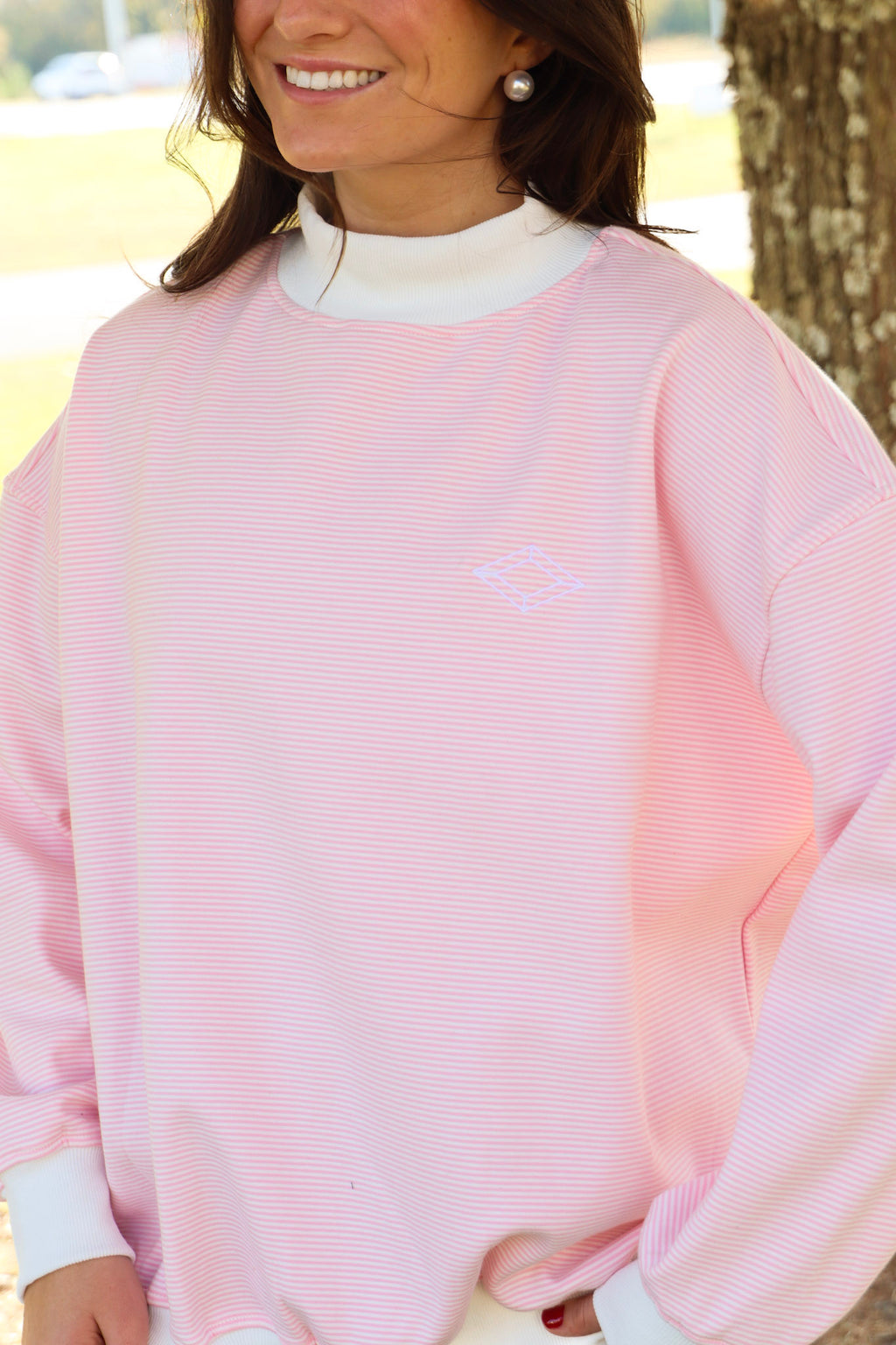 Sorority Symbol Embroidered Striped Mock Neck