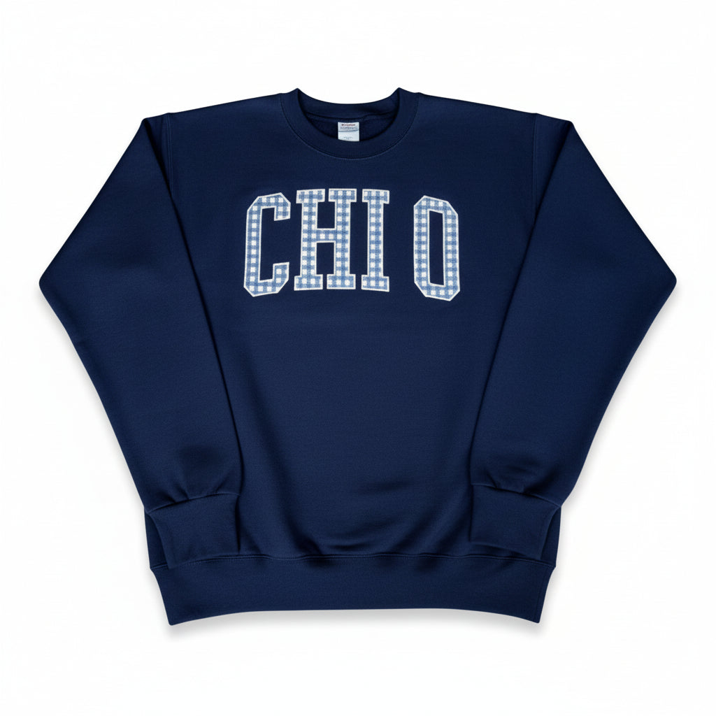 Chi Omega Navy Gingham Letter Crewneck