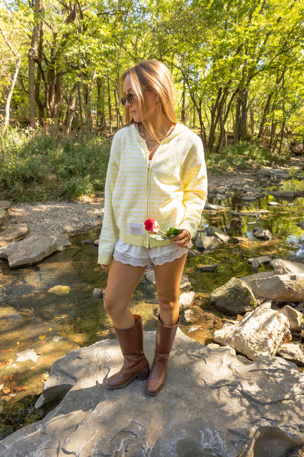 Sorority Double Zip Patch Striped Knit Hoodie