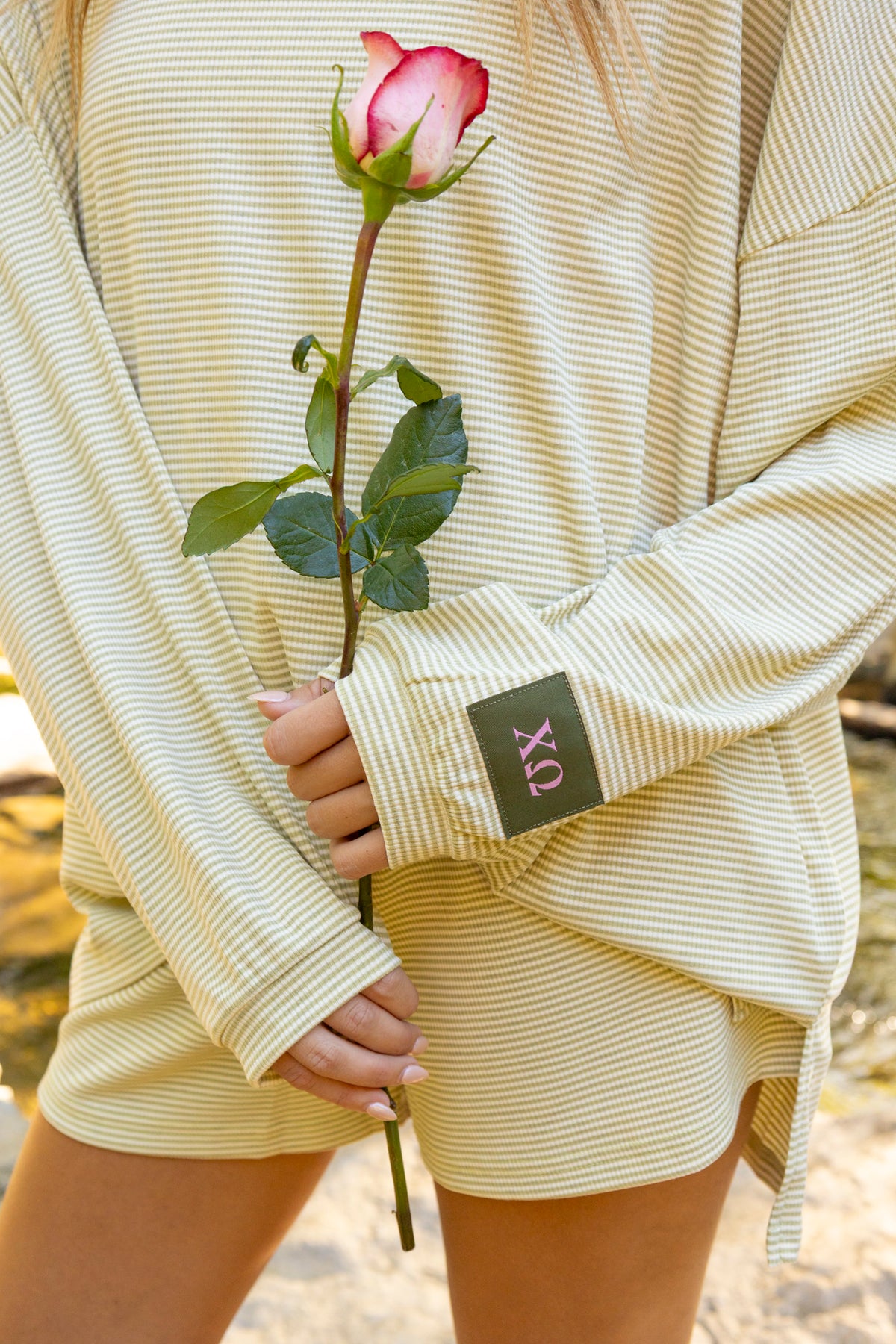Sorority Sage Green Striped Patch Top