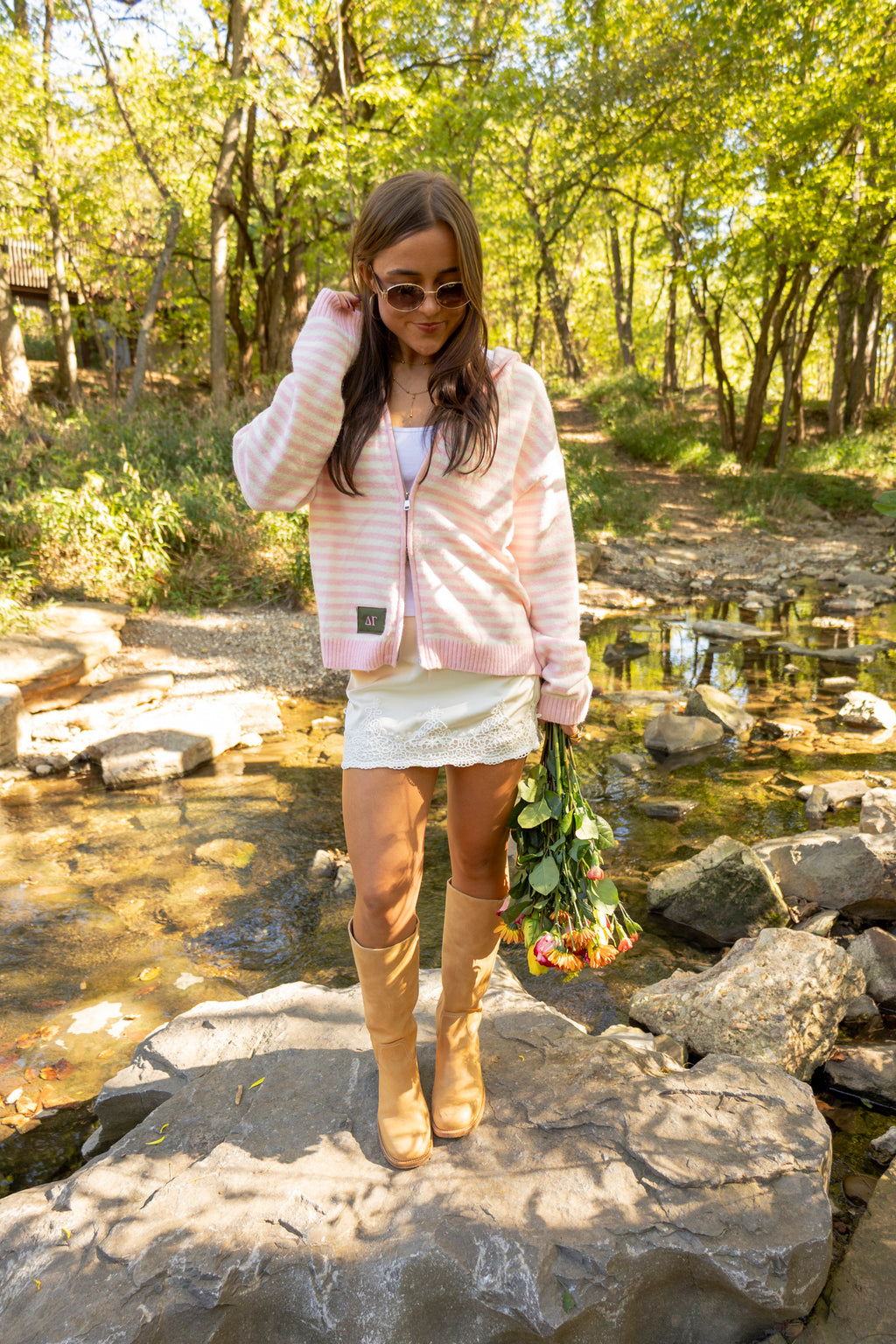 Sorority Double Zip Patch Striped Knit Hoodie