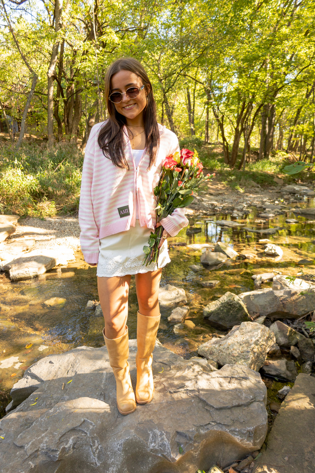 Sorority Double Zip Patch Striped Knit Hoodie