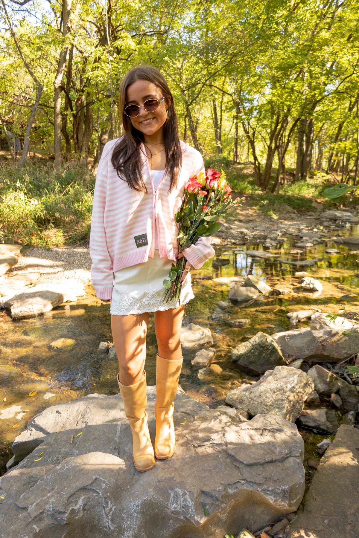 Sorority Double Zip Patch Striped Knit Hoodie